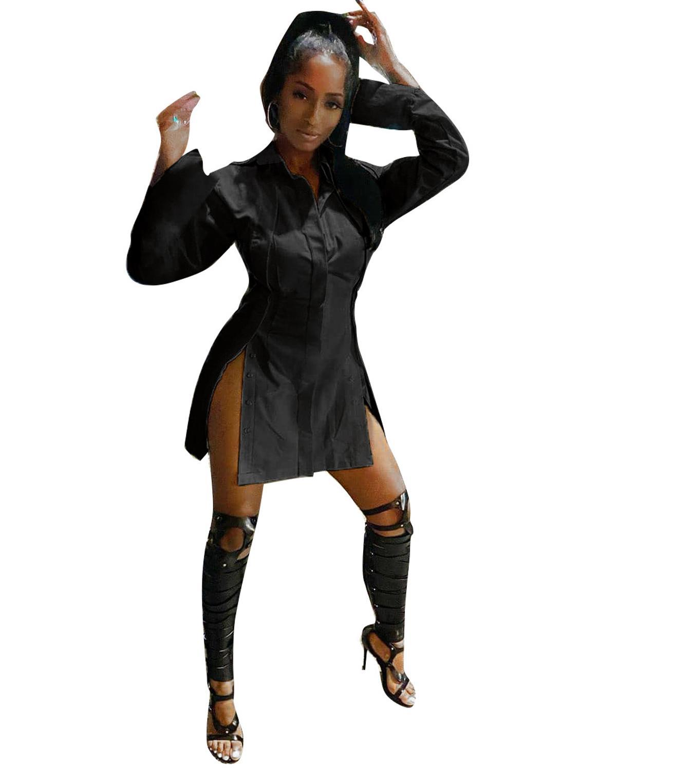 CM.YAYA Women Solid Color Side Slit Long Sleeve Button Up Sexy Blouse Dress Sexy Club Party Streetwear Shirt Dresses 210409