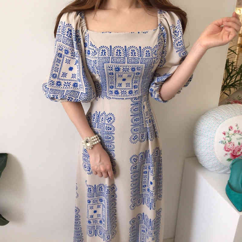 Summer Women Vintage Loose High Waist Slim Was Thin Elegant Square Collar Hir Color Maxi Dress 210506