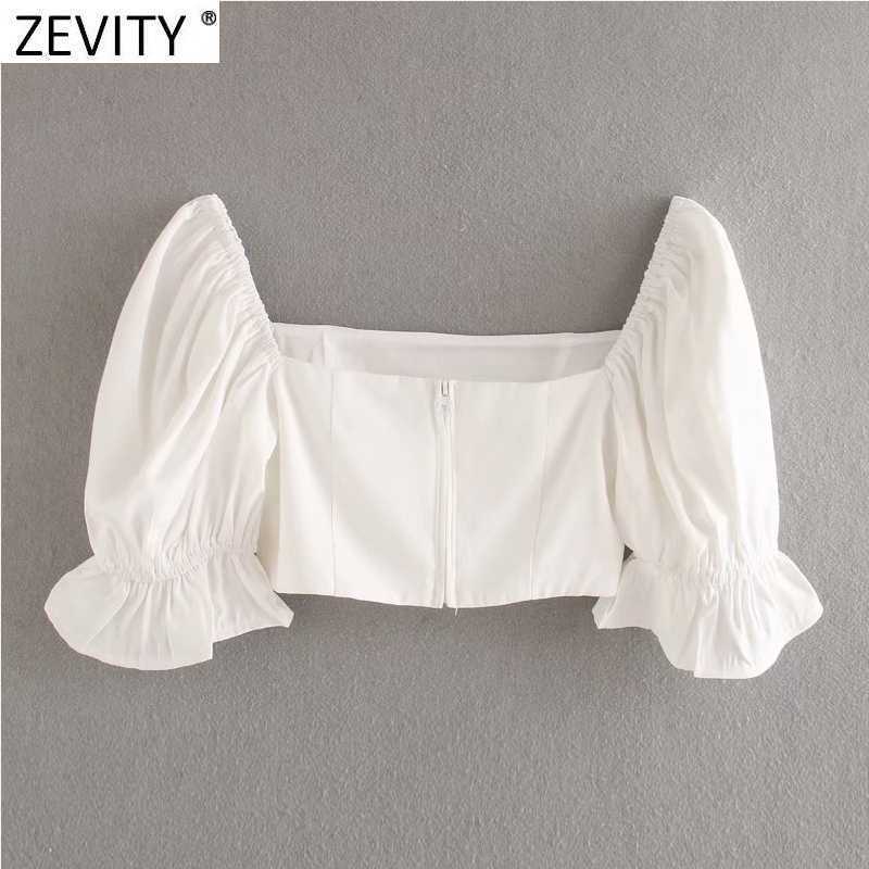 Zevity French Style Women Solid Color Square Collar Puff Sleeve Short Smock Blouse Lady Back Zipper Shirts Chic Crop Tops LS9358 210603