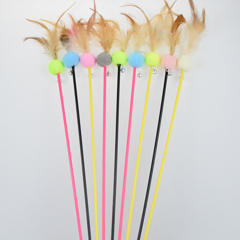 Rabbit Furs Pet Cat Toys Cats Teaser Wand Dog Feather Playing with bells elastoplastic products WY1336