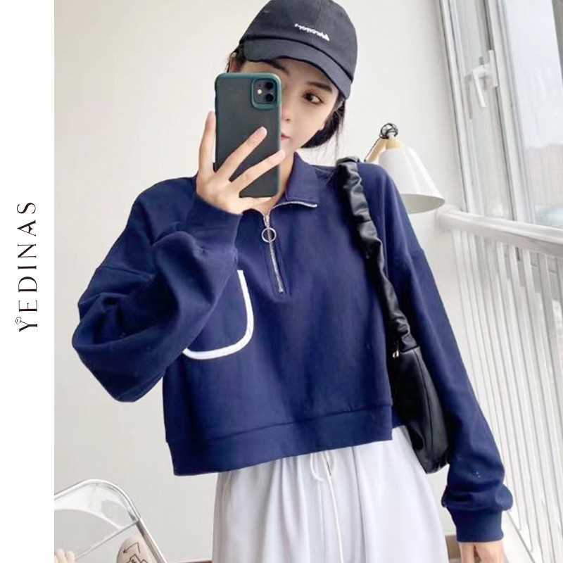 Yedinas Casual Cropped Hoodie For Women Long Sleeve Turn-down Collar Cotton Zipper Sweatshirts Crop Tops Autumn Korean 210527