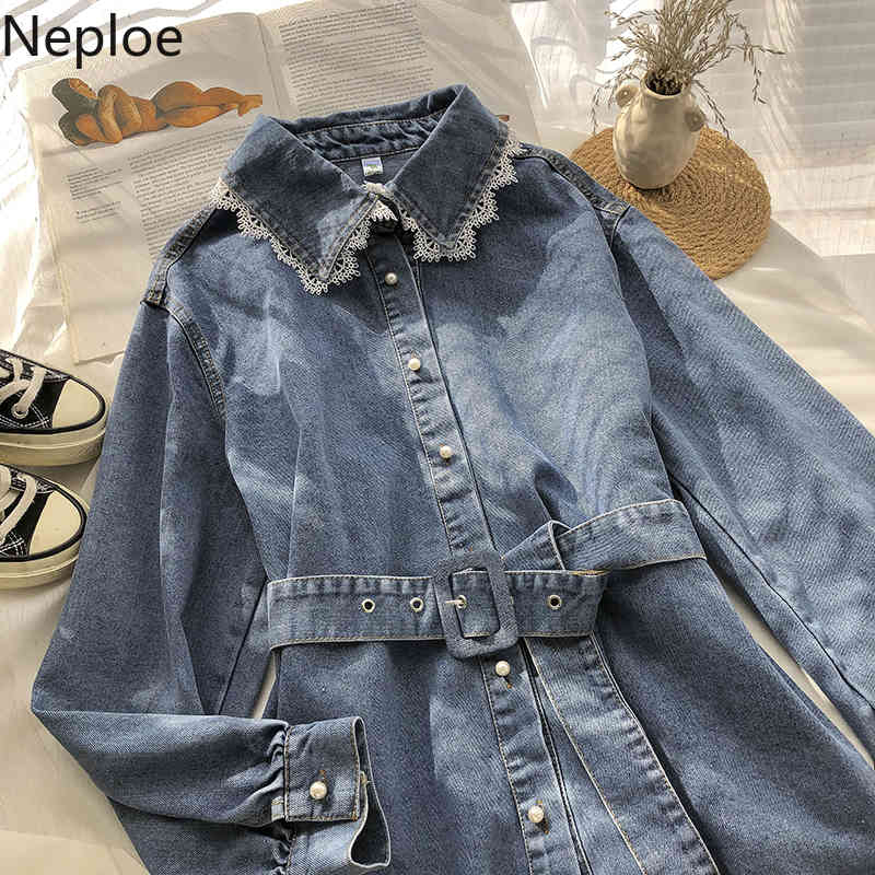 Neploe Korean Lace Patchwork Jeans Blouse Women Turn-down Collar Single Breasted Shirt Coat Bandage Slim Blouses Denim Jacket 210422