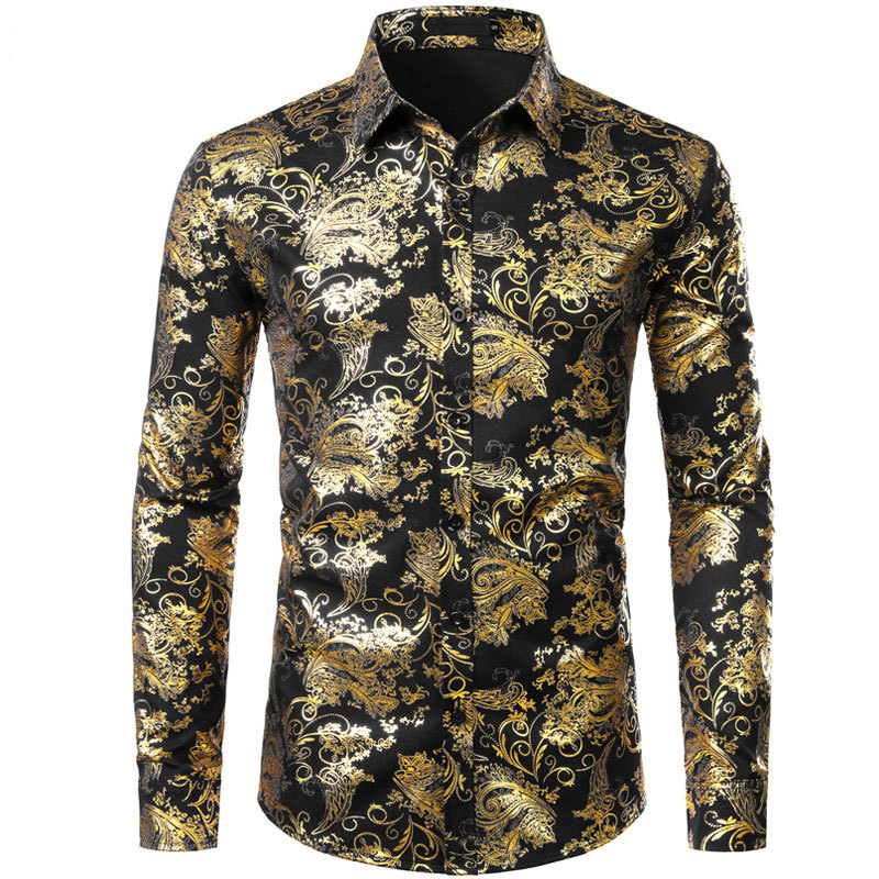Mens Gold Floral Shirts Shiny Slim Fit Bronzing Shirt Men Wedding Club Stage Prom Shirt Male Chemise Homme Camisas Masculina XXL 210410