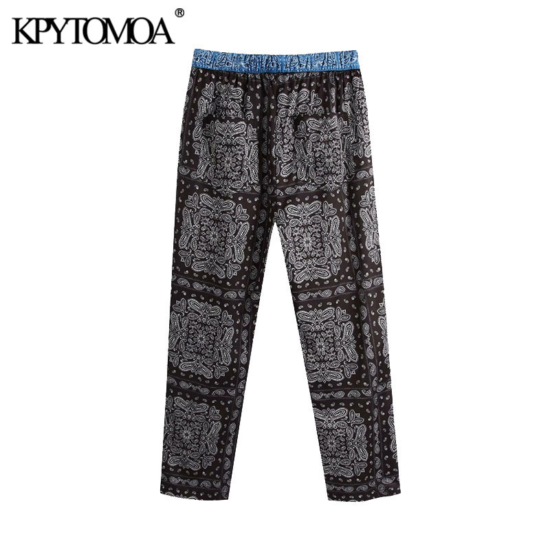 Women Fashion Patchwork Print Side Pockets Pants High Elastic Waist Drawstring Female Ankle Trousers Mujer 210420