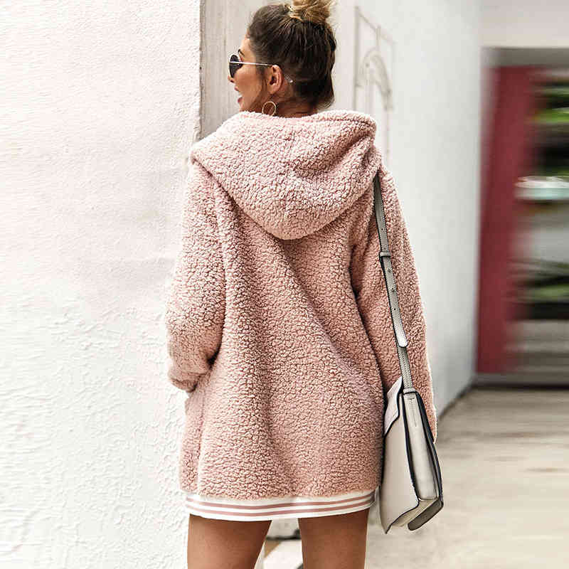 Women Faux Fur Coat Autumn Long Sleeve Striped Plush Teddy Coats Ladies Casual Hooded Pocket Winter Warm Cardigan Jacket 210414