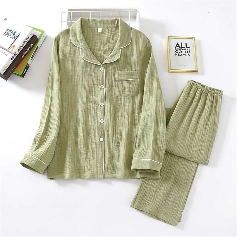 spring and autumn pure cotton crepe cloth couple soft breathable men long-sleeve simple home service women two piece set 211215