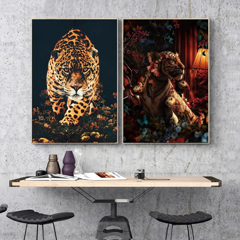 Black Golden Lion Tiger Parrot Among Flowers Luxurious Animal Poster Modern Art Canvas Painting for Living Room Wall Decoration