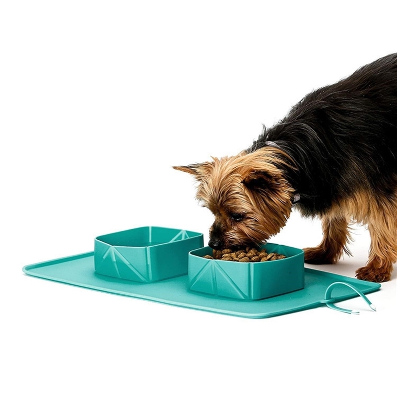 Pet Silicone Folding Bowl Dog Double Bowls Outdoor Traveling Dispenser Pets Portable Drinking Bowl Food Feeder With Velvet Bags