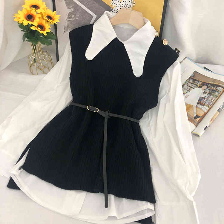 Nomikuma Spring Women Sets Lantern Long Sleeve Causal Blouse Shirt + Split Knitted Sleeveless Vest Belt Slim Waist Suits 6E288 210427