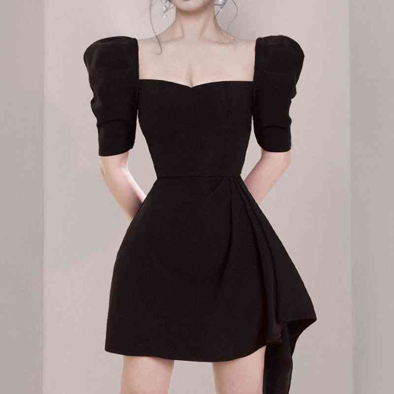 Sexy Asymmetry Women Puffed Sleeves Dress Square Neck Slim Waist Party Dresses Summer Vintage Elegant 210520