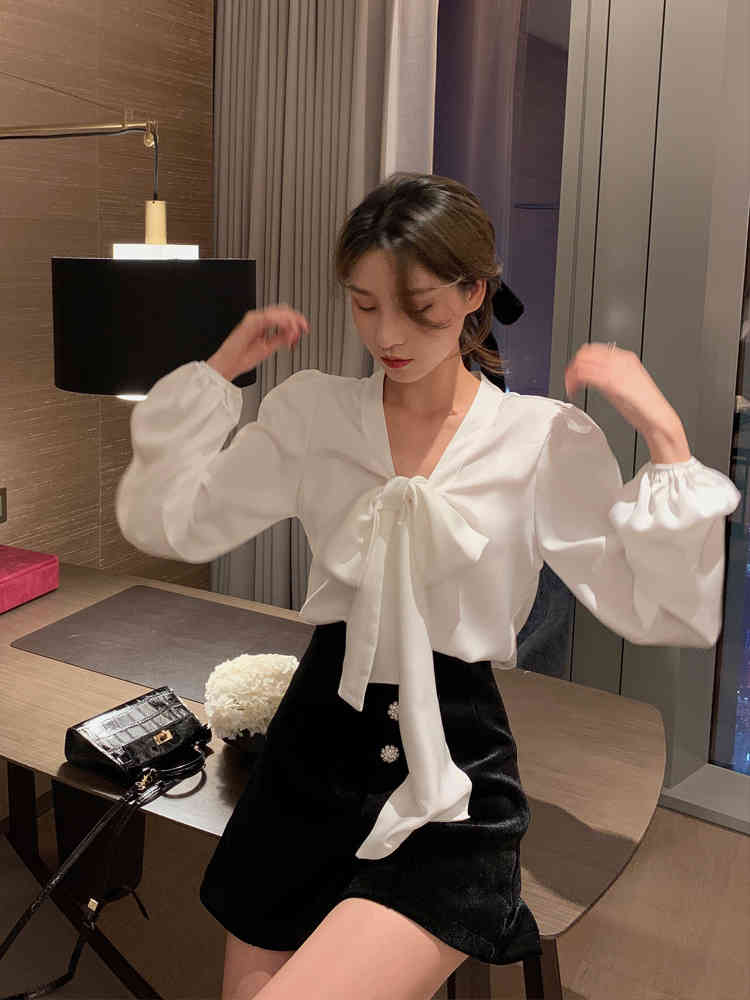 Long Sleeve Chiffon White shirt Spring Blouse Women Solid Bow Collar Ladies Tops Shirts Blusas Feminine 615B 210420