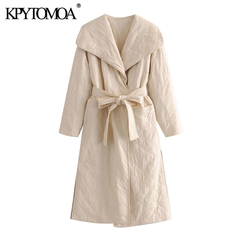 Women Fashion With Belt Loose Parkas Wrap Padded Coat Long Sleeve Side Vents Female Outerwear Chic Overcoat 210420