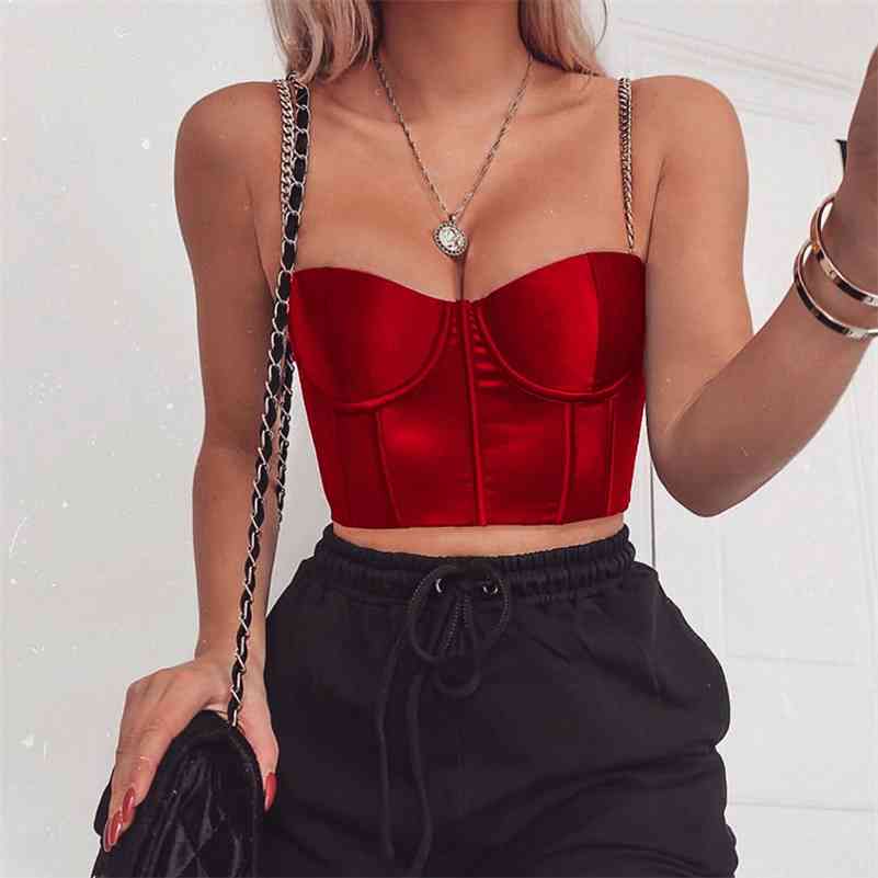 Summer Crop Top Women Sexy Bustier Top Blackless Chain Strap Padded Cropped Casual Satin Black Crop Tops Clothes 210518, White 
Summer Crop Top Women Sexy Bustier Top Blackless Chain Strap Padded Cropped Casual Satin Black Crop Tops Clothes 210518, White