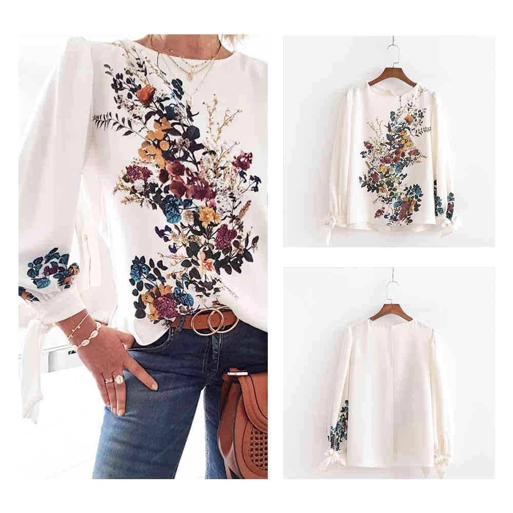Women Flora Printed Lantern Sleeve Loose Blouse Elegant Chic Shirt Casual Boho O Neck Cuff Knotted Tee Tops 210428