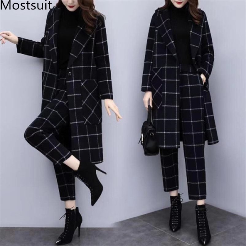 Winter Black Woolen Plaid Two Piece Sets Outfits Women Plus Size Long Coat And Pants Suits Elegant Fashion Office 210514