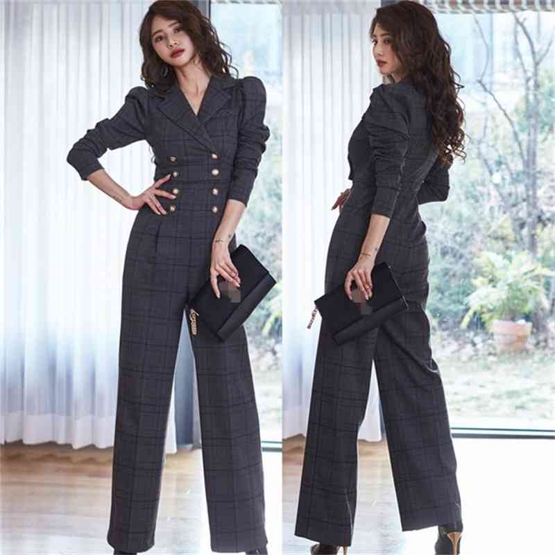 Women's Spring Women Elegant Office OL Notched Long Sleeve Lady Jumpsuits Casual High Waist Plaid Rompers 210519