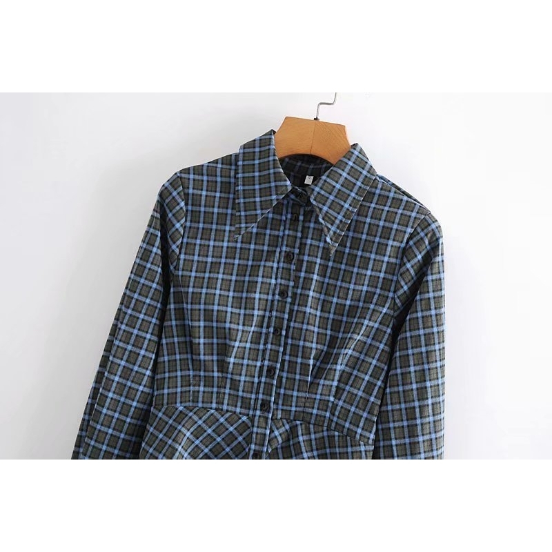 Vintage Women Dark Blue Plaid Dress Fashion Ladies Button Draped Vestidos Elegant Female Chic Asymmetric Mini Dresses 210430