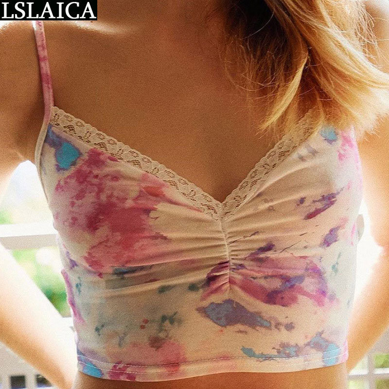 Crop Top Spaghetti Strap Sexy Fashion Tank Lace Patchwork Short Womens Clothing Tie-Dye Femme Slim Elegant Ropa Mujer 210520