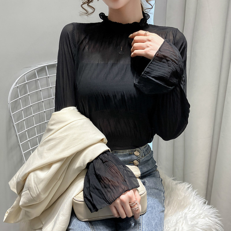 Women Flare Sleeve Half Turtleneck Blouses Spring Autumn Long Lace Patchwork Chiffon Shirt Female Pleated Blusas Top 210514