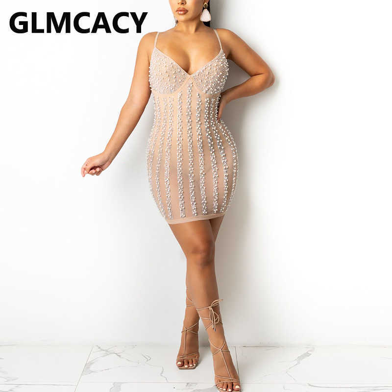 Spaghetti Strap Diamond Embellished Mesh Dress Sexy Night Party Club Mini Dress 210702