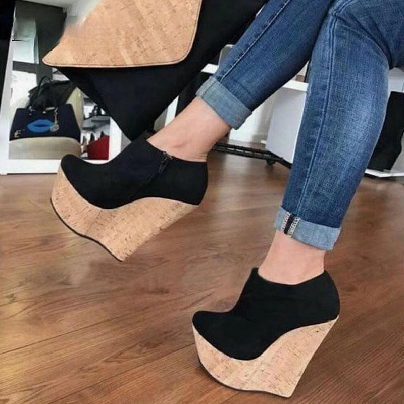 Dress Shoes Spring Autumn Fashion Flock Round Toe Zip Cork Platform Wedges Heel Mules Sexy Woman Pumps Nightclub, Black