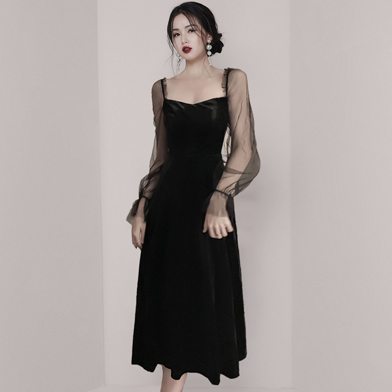 Spring Vintage Square Collar Mesh Patchwork Velvet Mid-Length Dress Sexy Backless Black Vestidos For Female 210520