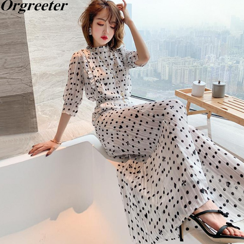 Summer Chiffon Two piece set Women Stand collar Ruffles Trim Single-breasted Half Sleeve Dot Print Shirts and Wide leg Pants Set 210525, White
Summer Chiffon Two piece set Women Stand collar Ruffles Trim Single-breasted Half Sleeve Dot Print Shirts and Wide leg Pants Set 210525, White
