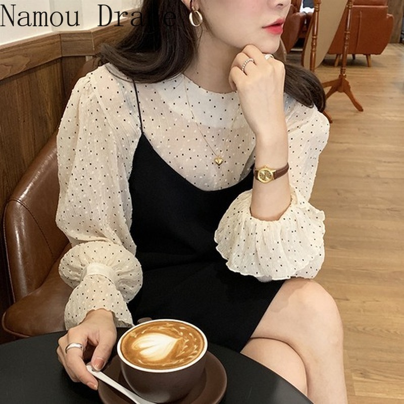 olka Dot Horn Sleeve Chiffon Womens Blouses + Korean V-neck Loose Black Suspenders Dress Women Two Piece Outfits 210429, Sky blue
olka Dot Horn Sleeve Chiffon Womens Blouses + Korean V-neck Loose Black Suspenders Dress Women Two Piece Outfits 210429, Sky blue