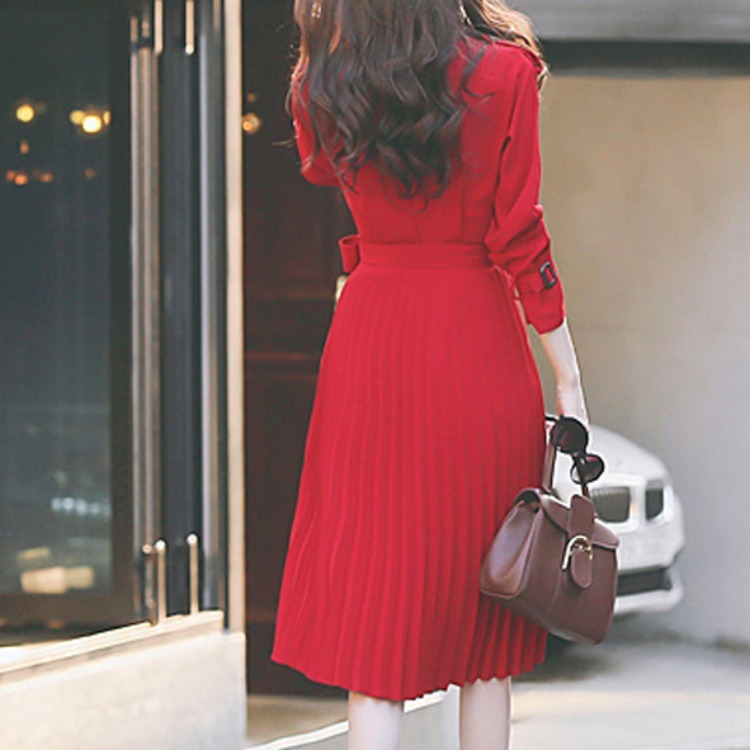 Autumn Vintage Elegant Belted Women Office Ladies Double Breasted Blazer Long Sleeved Pleated Dress Female Vestidos Femme 210519