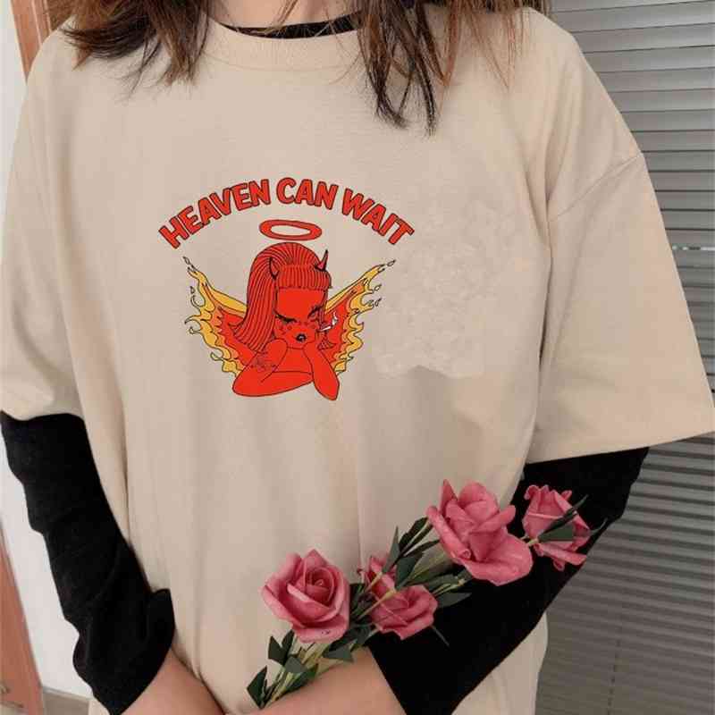 Kuakuayu HJN Cute Cherub Heaven Can Wait Angel Print Women Tshirt Cotton Casual Funny T Shirt Lady Yong Girl Top 210406