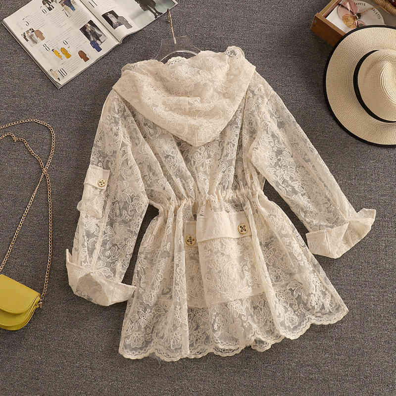 European Style Loose Long Lace Jacket Women Summer Drawstring Waist Embroidered Hollow Zipper Casual Coat With Hood 210506