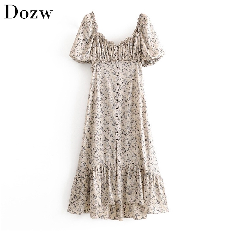 Floral Print Elegant Dress Women V Neck Vintage Midi Lantern Short Sleeve Stylish Female Pleated Vestidos De Fiesta 210515