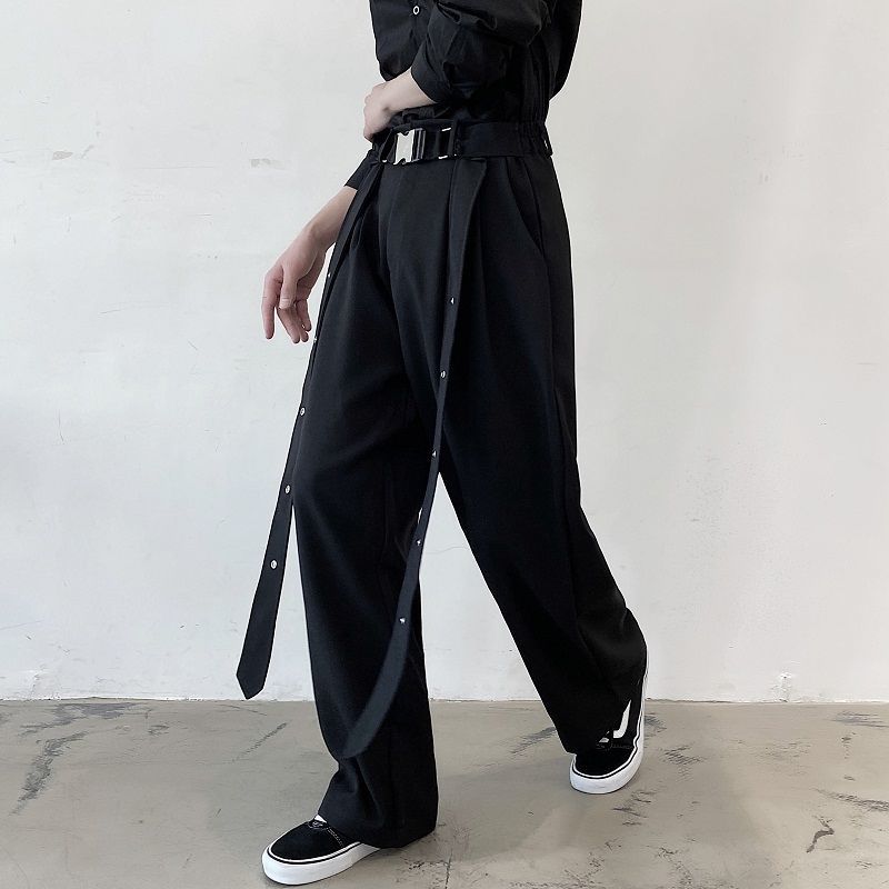 IEFB /men's wear niche black trousers for male spring personality ribbon straight loose wide leg pants 9Y1619 210524