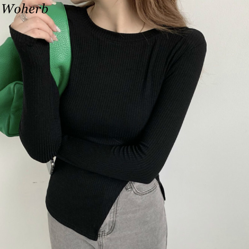 Blusas Mujer Spring White Knitted Long-sleeved Sweater Basic Shirt Women O Neck Irregular Split Slim Fit All-match Tops 210422