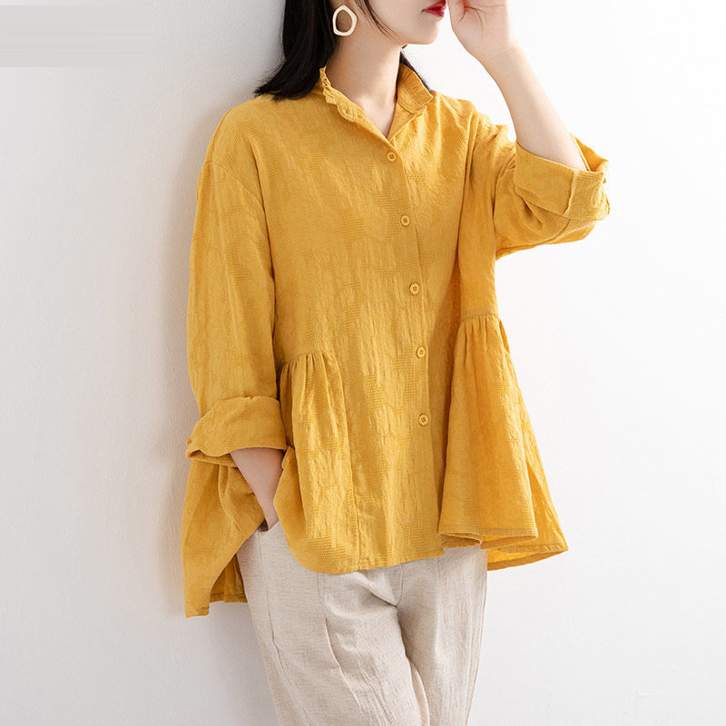 Spring Korea Fashion Women Long Sleeve Loose Yellow Shirts 100% Cotton Blusas Mujer all-matched Casual Blouses Plus Size S693 210512