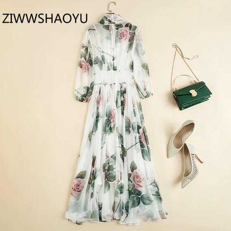 Female Summer Elegant Fashion Midi Dresses Runway Designer Women Bow Tie Floral Print High Waist Flowy Dress Casual