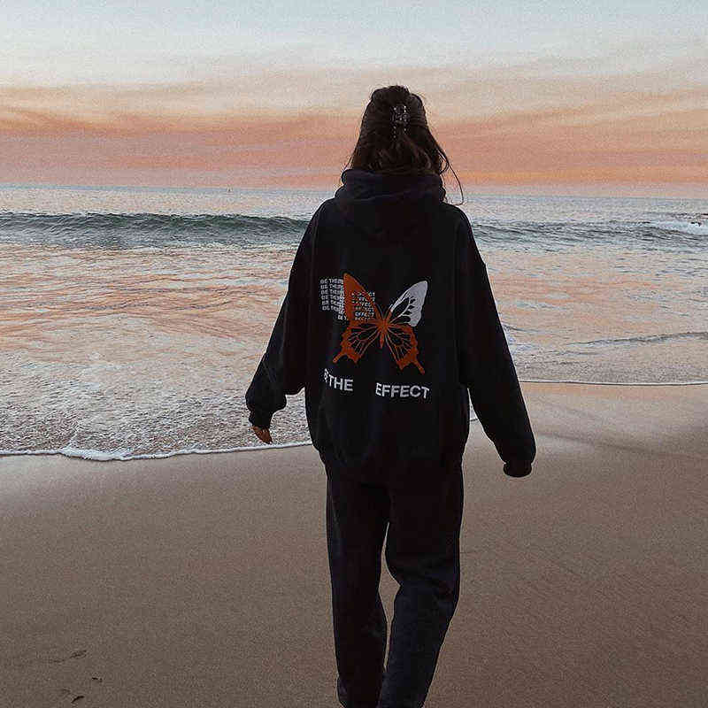 BE THE EFFECT Streetwear Hip Hop Punk Butterfly Goth Print Vintage Casual Loose Harajuku Hoodie Sweatshirt Hooded Pullover Tops 211109