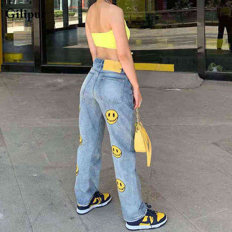 Printed Jeans Women Fashion Mom Baggy Straight Leg Pants Blue Loose Ripped Denim Trousers Long High Waist Streetwear 211129