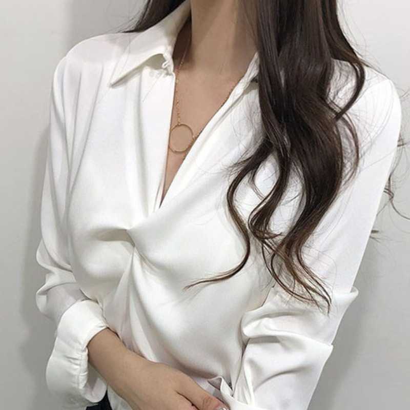 Sexy Twisted V-neck Women Satin Blouse Causal Solid Long Sleeve Elegant Shirt Spring Blusas Mujer 6G483 210603