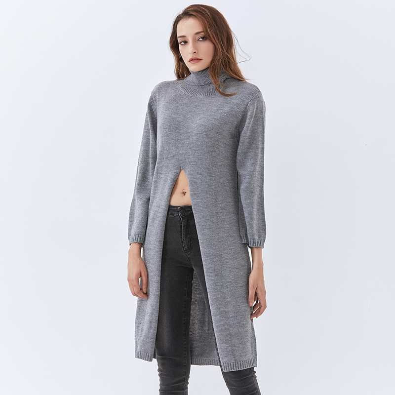 Loose Black Knitted Pullover For Women Turtleneck Long Sleeve Front Split Casual Sweater Female Fall Style 210524