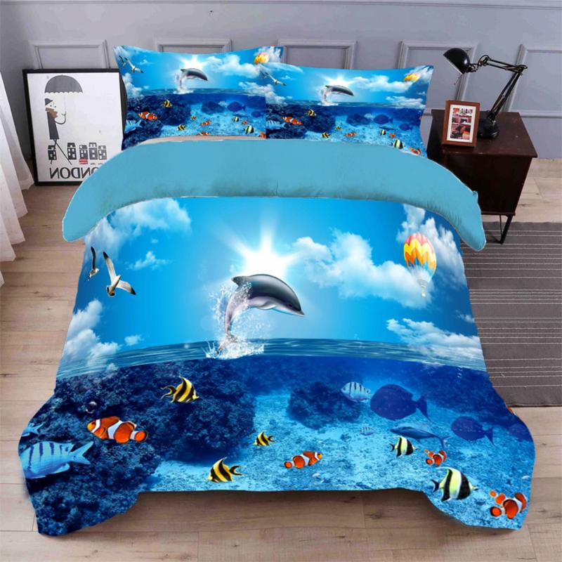 Cute Dolphin Duvet Cover Child Bedspread Twin Size Bedding Set Brushed Fabric Luxury Home Textile 3pcs Flat PillowCase Sets