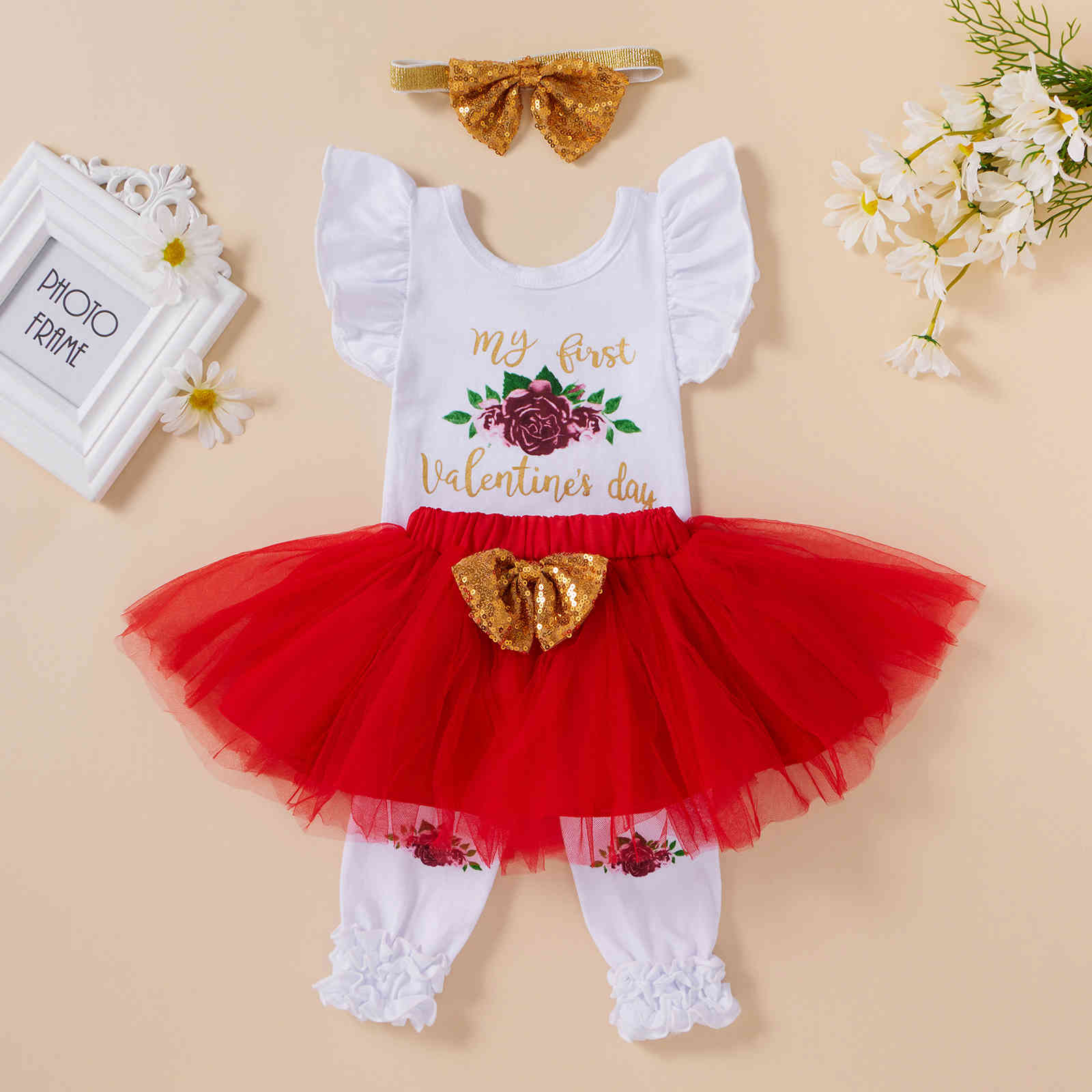 3-12M Valentines Day Baby Girl Outfits Toddler born Infant Girls Letter Flower Romper Red Skirts Leg warmer Headband 210515