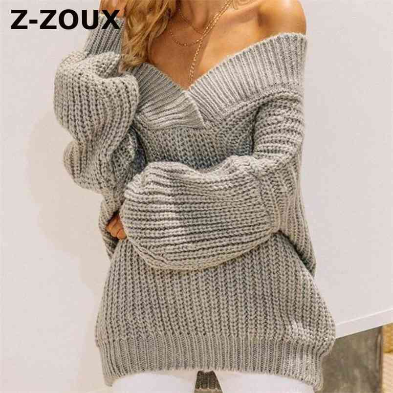 Women Sweater V-Neck Lantern Sleeve Pullovers Off The Shoulder s Black Gray Red Autumn Fasahion 210513