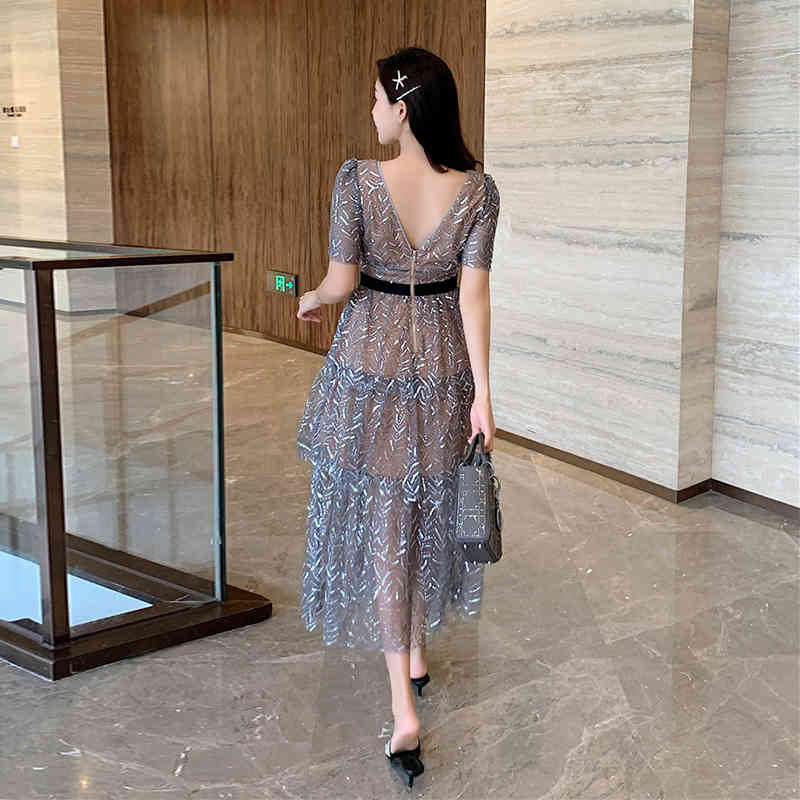 Arrive Summer Short Sleeve Sequin Midi Dress Sexy V-Neck High Quality Runway Long Dresses Vestidos 210520