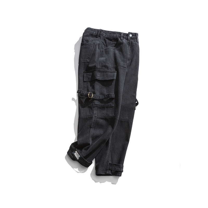 IEFB men's wear spring fahion balck jeans male causal cargo pants zipper big pockets loose Trousers with Ribbon 9Y847 210524