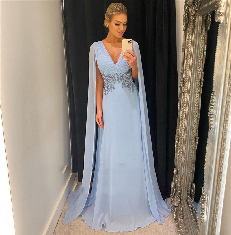 Sky Blue Long Evening Dresses V Neck Chiffon Withe Beading Formal Prom Gowns, Yellow
Sky Blue Long Evening Dresses V Neck Chiffon Withe Beading Formal Prom Gowns, Yellow