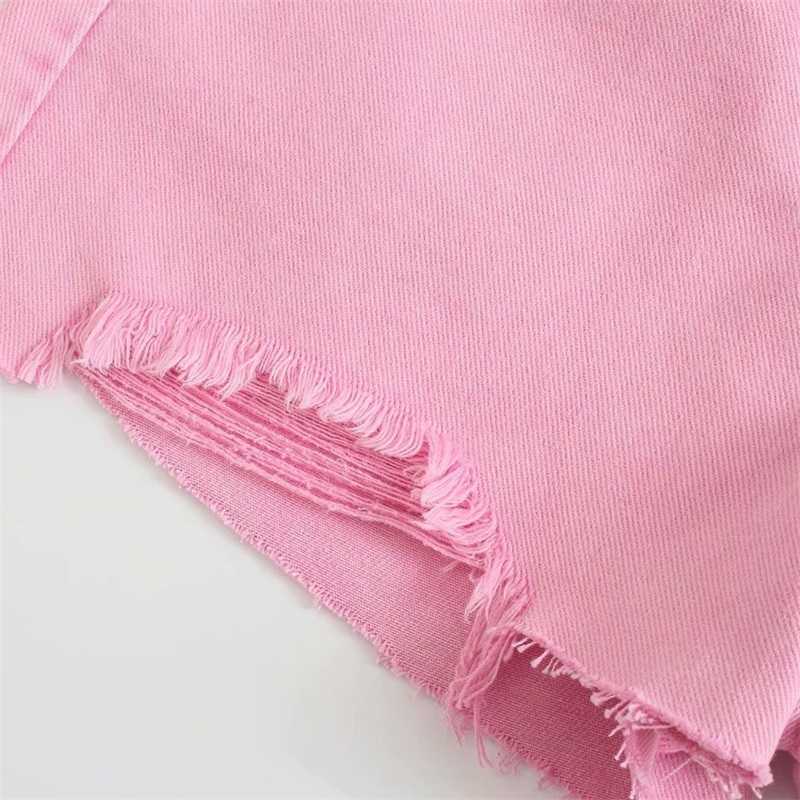 TRAF Women Fashion Solid Color Denim Shorts Retro High Waist Button Placket Short Jeans Streetwear 210714