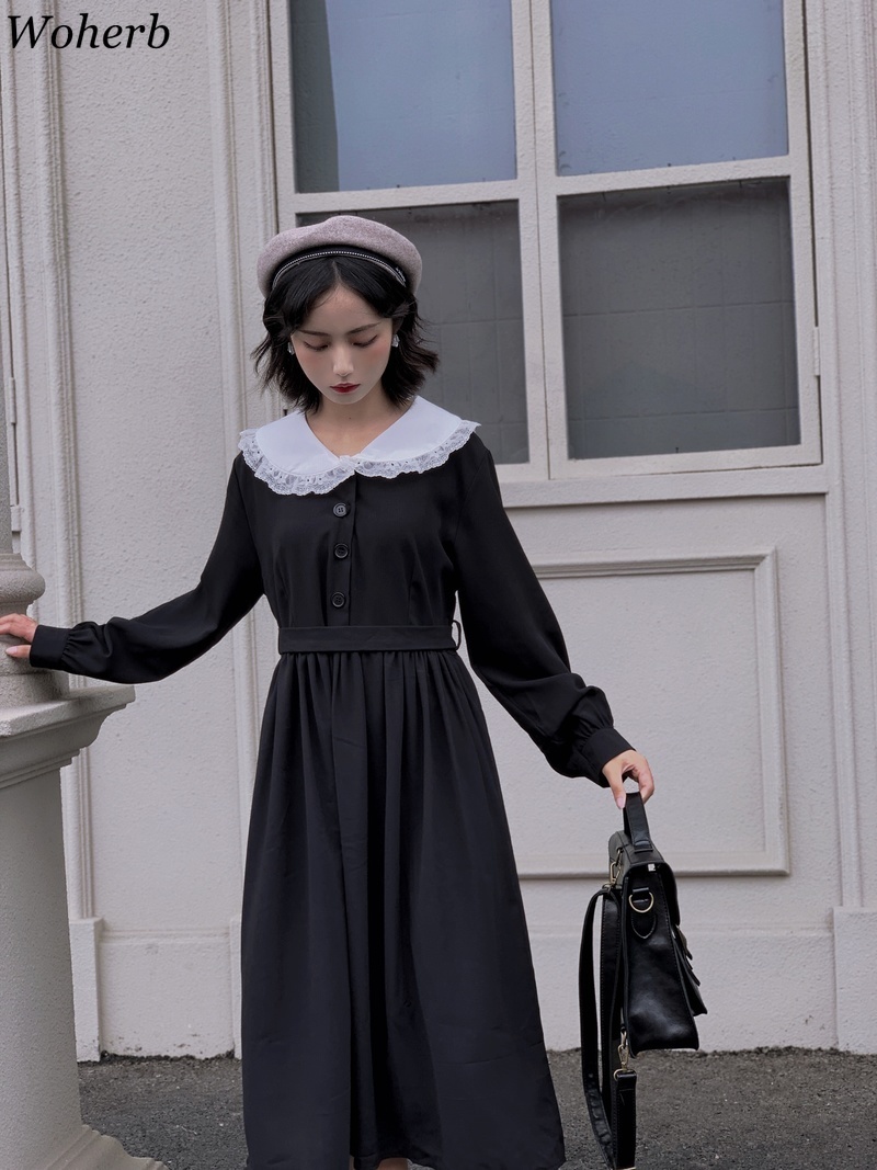 Black Fashion Dress Korean Vintage Slim Waist Long Sleeve Dresses Women Peter Pan Collar Lace Up Vestidos 25383 210519