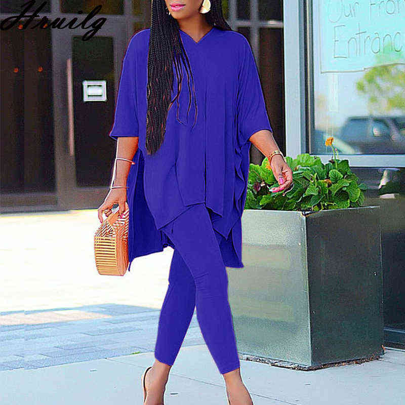 Fall Clothes for Women 2 Peice Sets Half Sleeve V Neck Oversize Tops Pencil Pants Set Solid Autumn Sweat Suits Fashion Outfits 211105