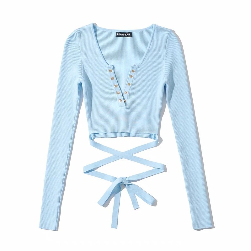 Nomikuma Sexy Bandage Slim Waist Short Knitwear Spring Long Sleeve Buttons V-neck Jumpers Korean Solid Knitted Tops 6E711 210427